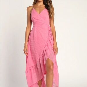 Lulu's Pink High Low Wrap Dotted Open Back Midi Dress Small